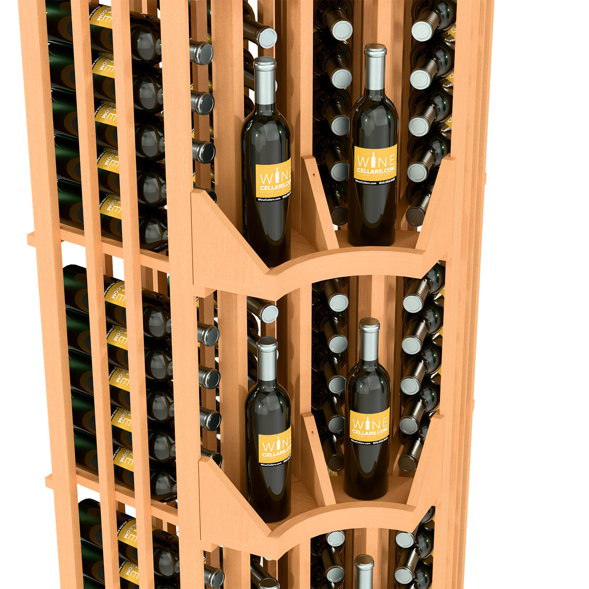 Light wood wine display with curved shelves holding multiple wine bottles and staggered slots