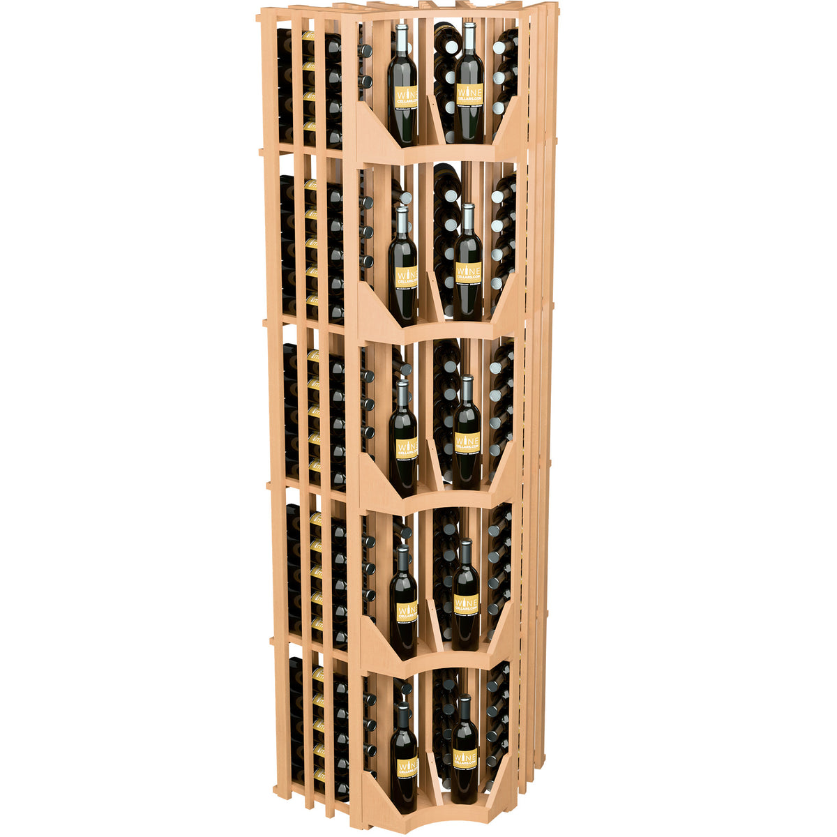 Light wood 4-column curved corner wall wine display with angled shelf dividers and bottles