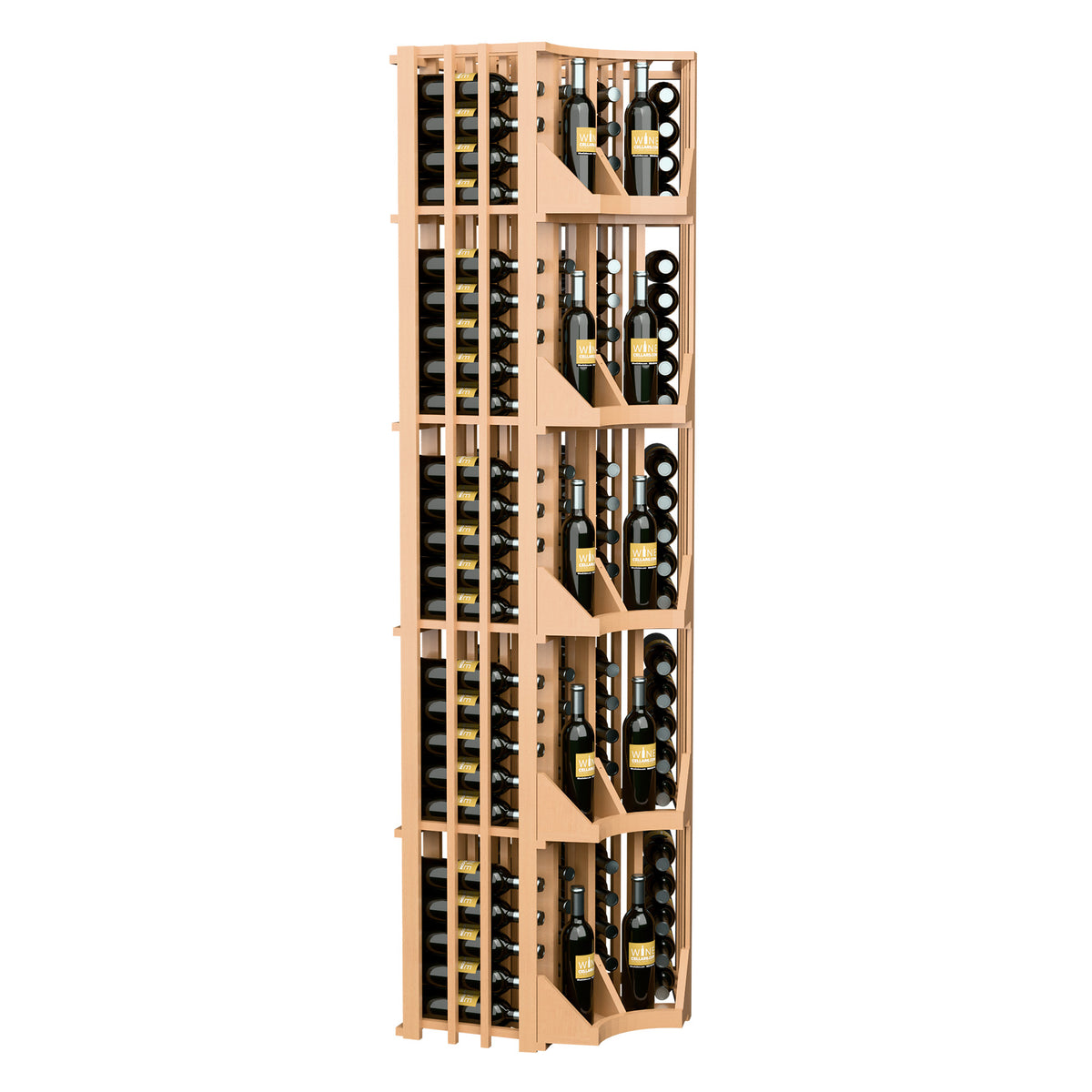 4-column curved corner wall wine display in light wood with four bottle columns behind slats
