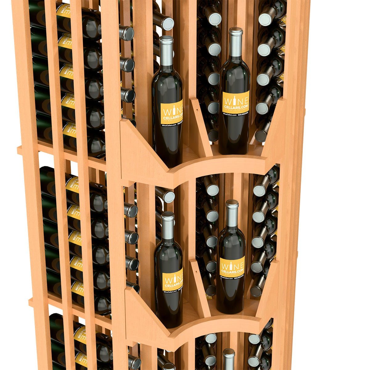 Close-up of light wood wine display showing bottle necks in curved side compartments
