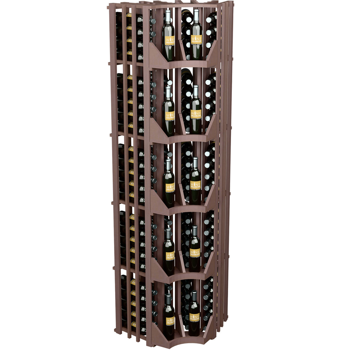 4-column curved corner wall wine display in dark wood with bottle slots and shelf dividers