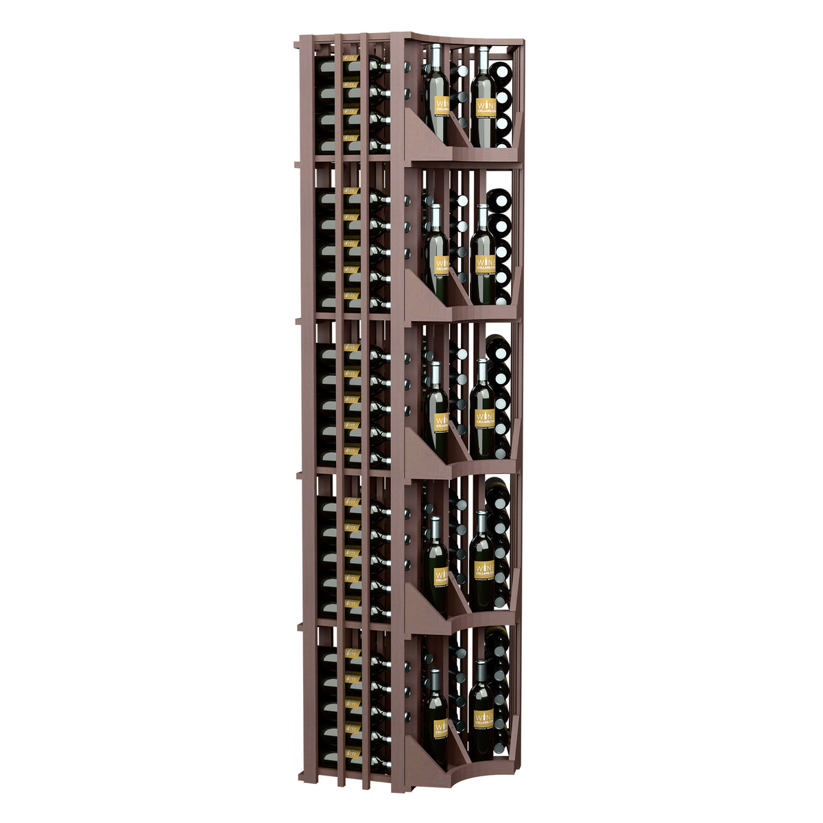 4-column curved corner wall wine display in dark wood, showing angled shelves and bottle rows