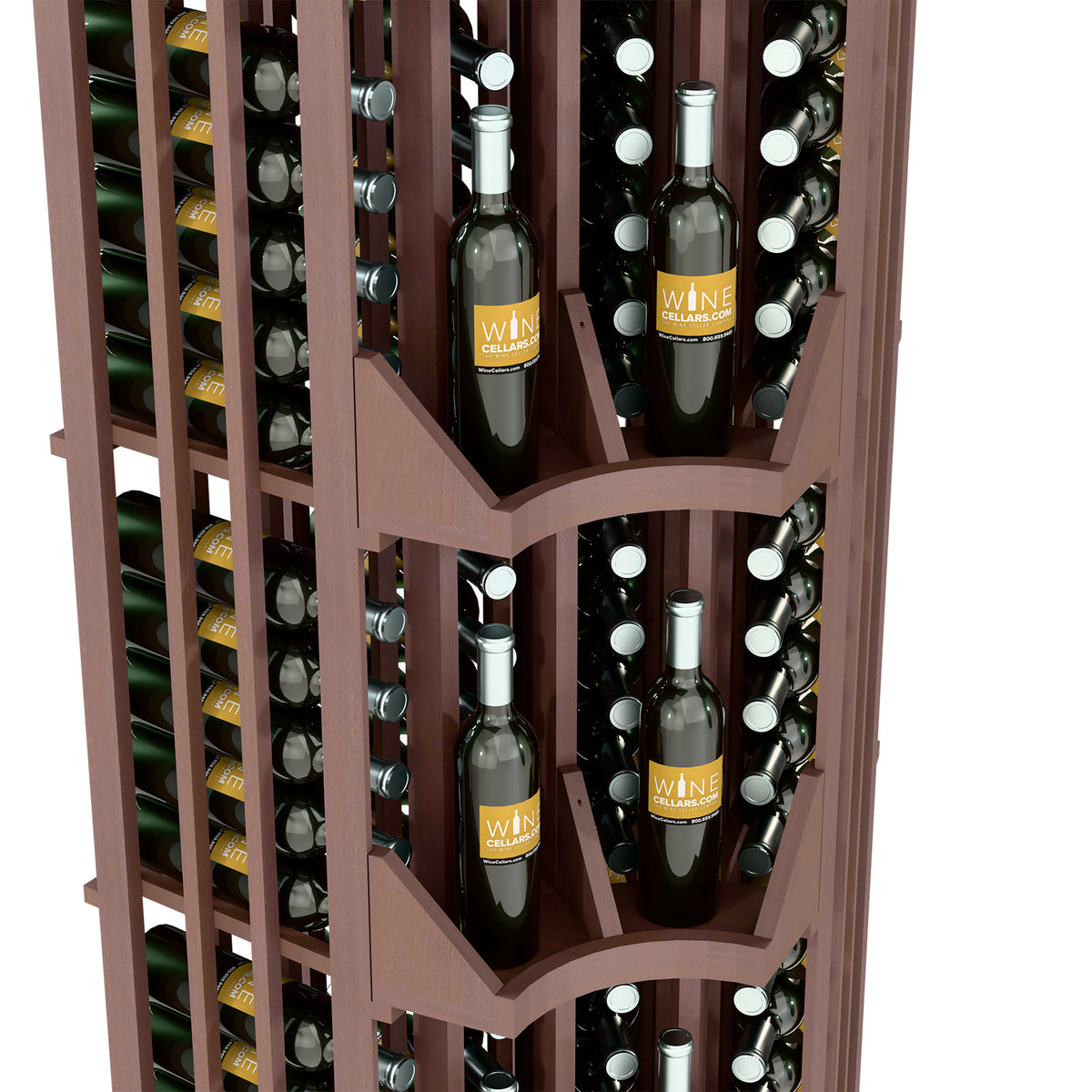 Dark wood wine display close-up with curved compartments holding wine bottles