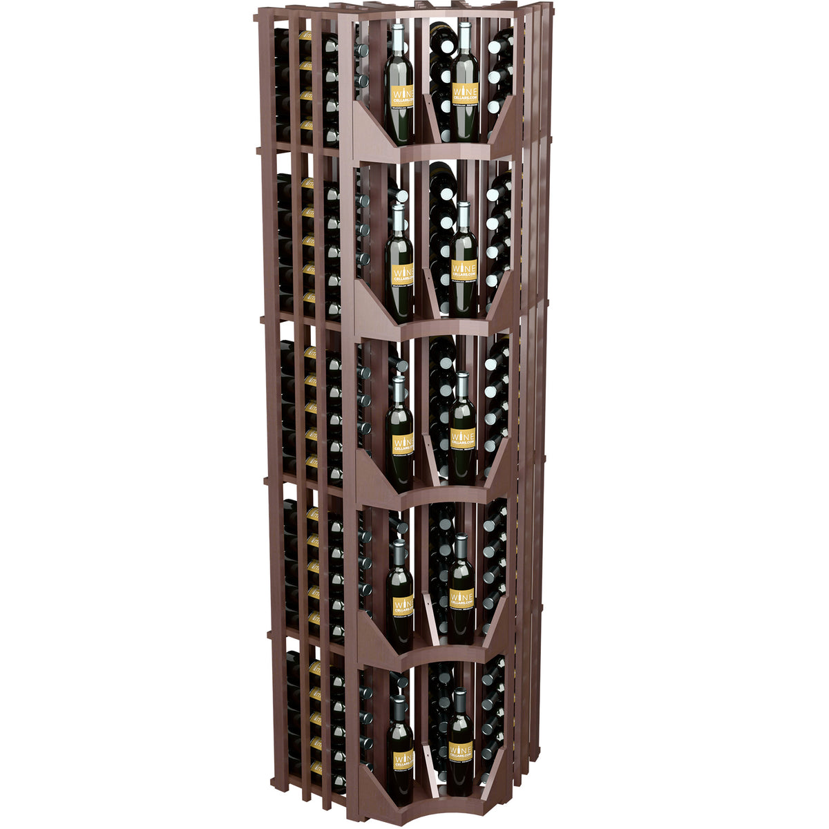 4-column curved corner wall wine display in dark wood with four bottle columns and slatted back