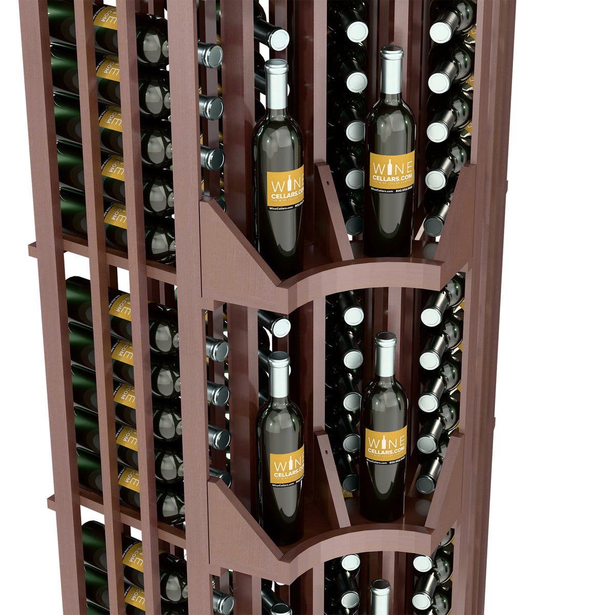 Corner wall wine display detail with dark wood dividers and rows of wine bottles