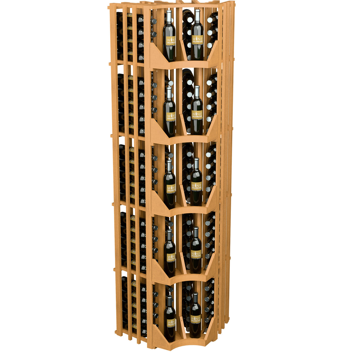 Light wood wall wine display with slatted bottle grid and angled dividers, curved corner