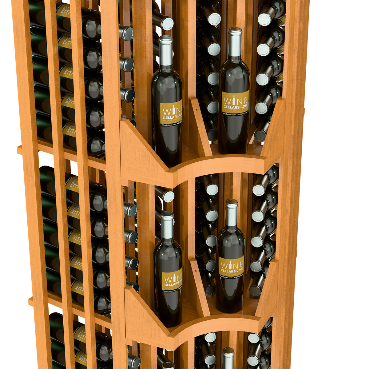 Close-up view of light wood corner wine display with rows of wine bottles