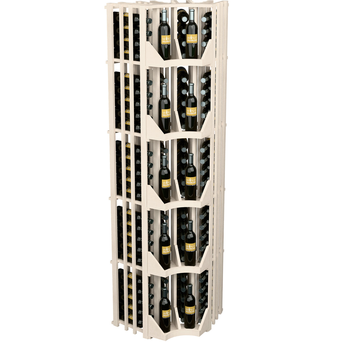 White wall wine display with slatted bottle grid and stepped angled divider shelves