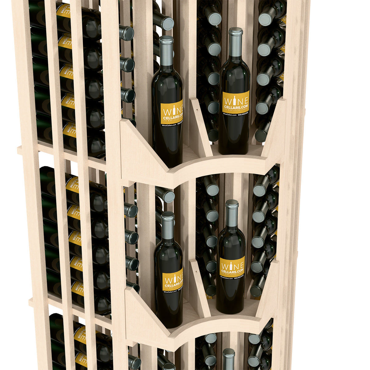 Light wood curved-corner wine display with four columns of bottle slots and dividers