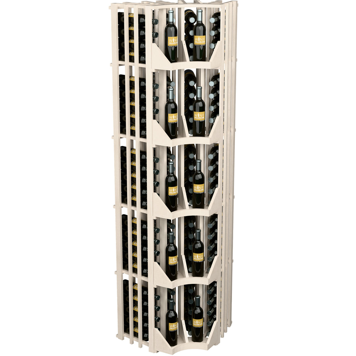 Light wood 4-column curved-corner wine rack cabinet with bottle slots on corner face