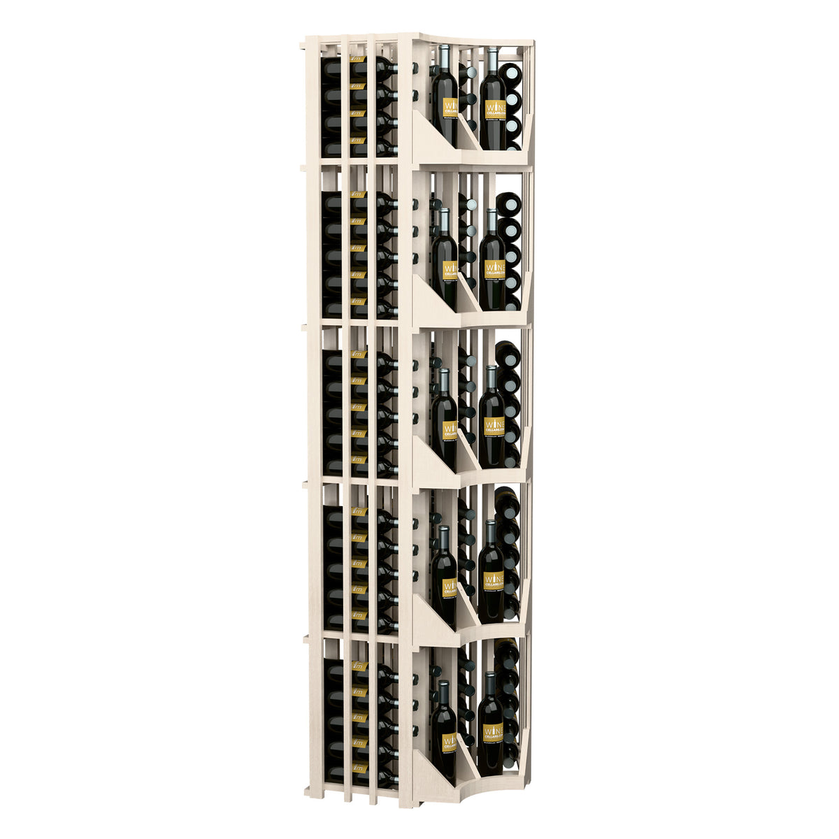 Light wood tall wine rack cabinet with curved corner and four columns of bottle holders