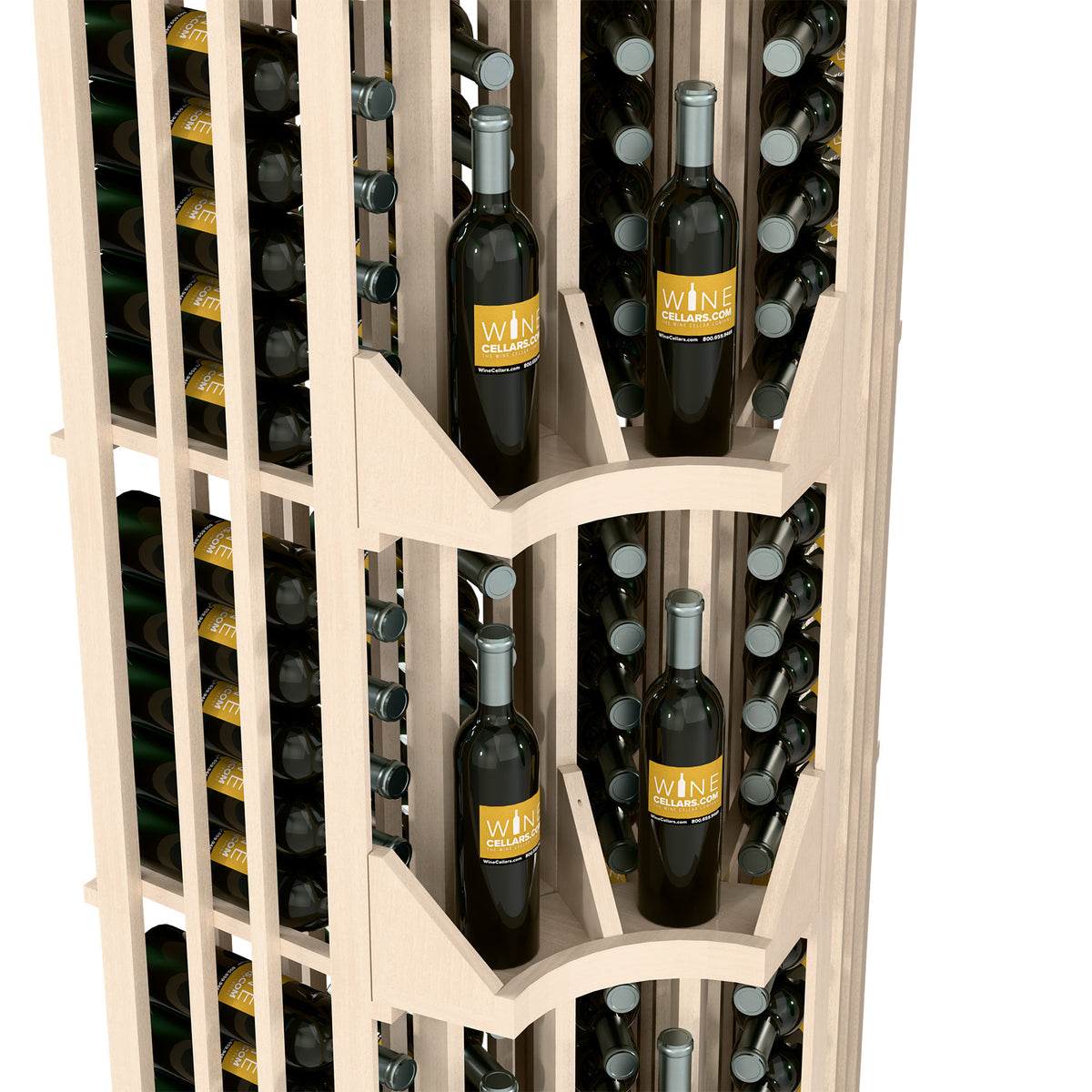 Light wood curved-corner wine display close-up of bottle slots and angled dividers