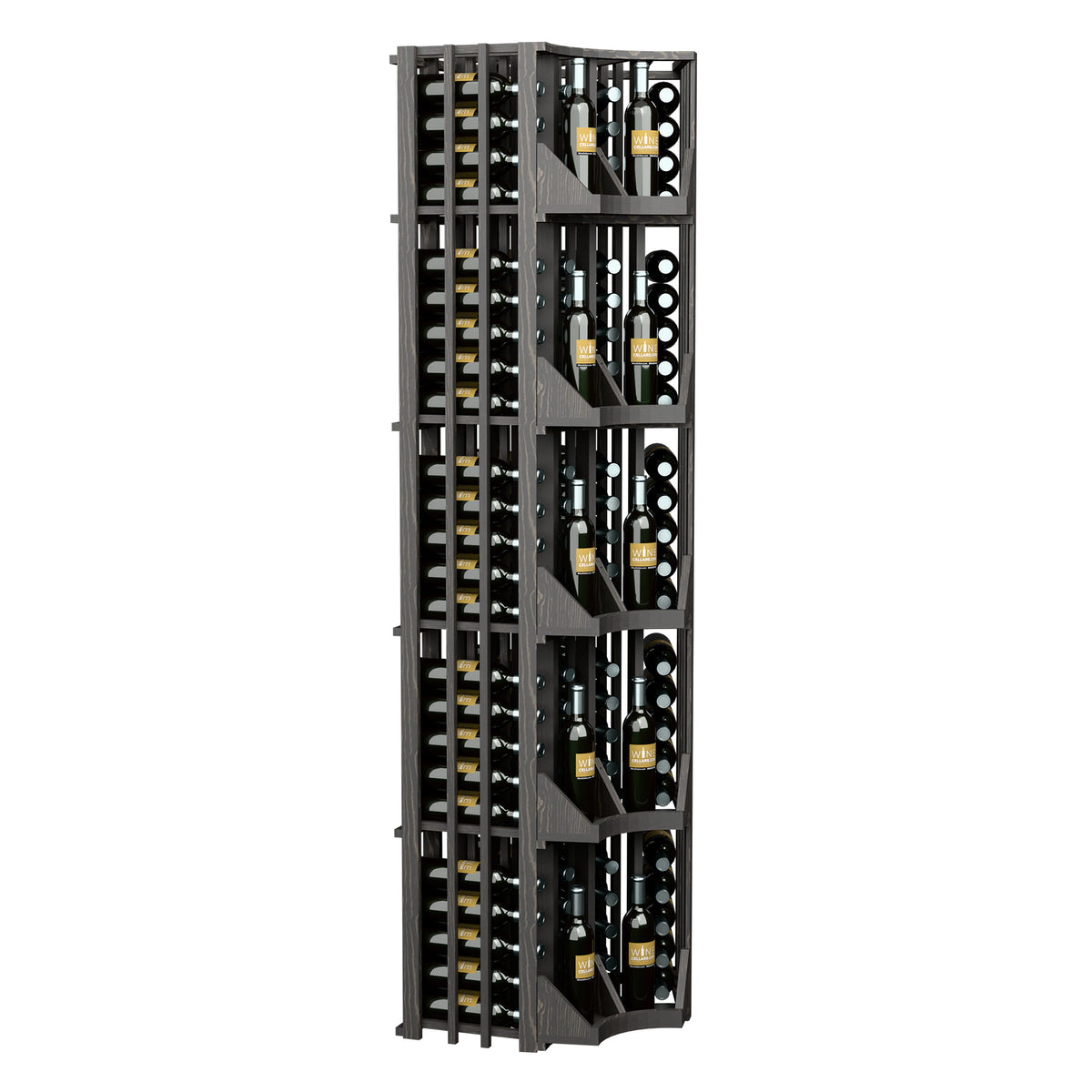 Dark wood tall wine rack cabinet showing curved-corner face and bottle slot rows