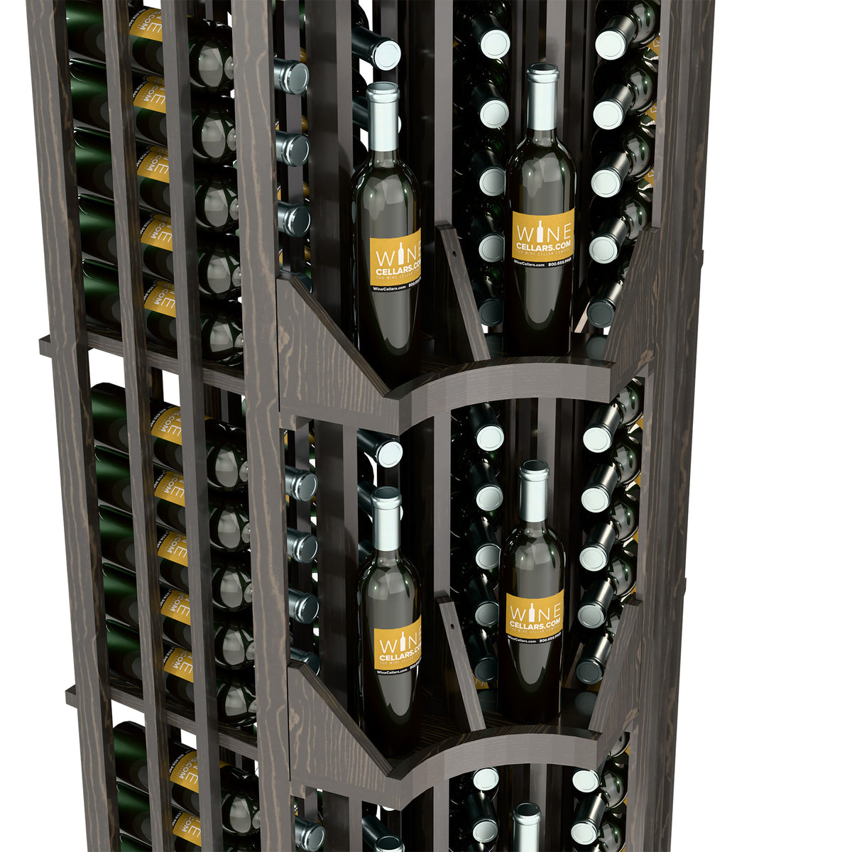 Dark wood curved-corner wine display close-up of bottle rows and angled dividers