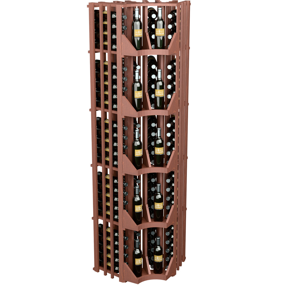 Curved corner wall wine display with lattice shelves and 4 rows of bottle slots