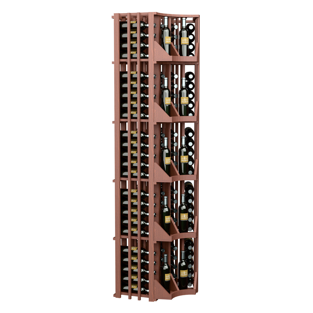 Curved corner wall wine display, side view with slatted racks for bottles