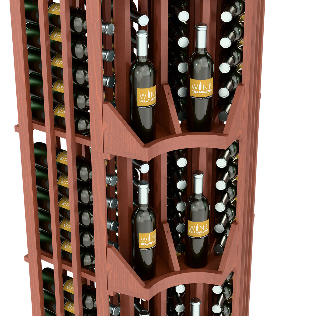 Curved corner wine rack close-up showing wood dividers and upright wine bottles