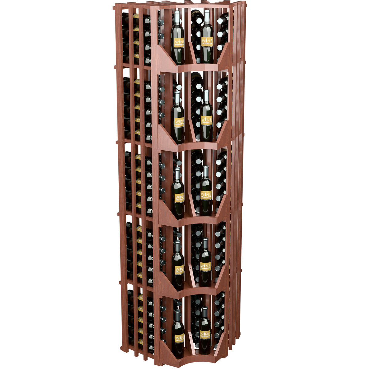Curved corner wall wine display with curved corner frame and four tier bottle racks