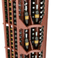 Curved corner wine rack close-up of bottle openings with wood divider shelves