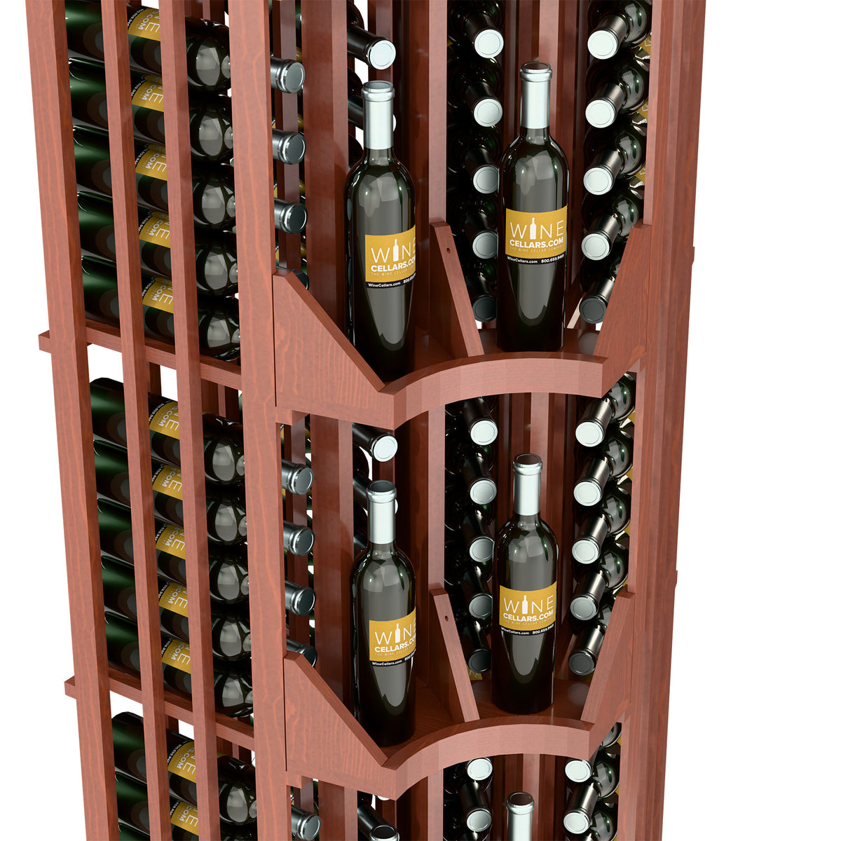 Curved corner wine rack close-up of bottle openings with wood divider shelves