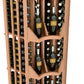 Curved corner wine rack close-up showing upright bottles in slotted wood compartments