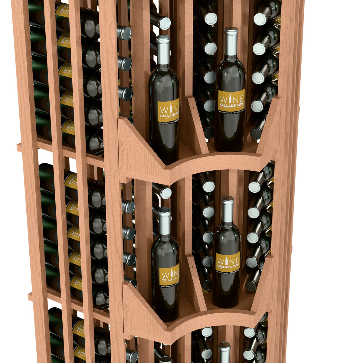 Curved corner wine rack close-up showing upright bottles in slotted wood compartments