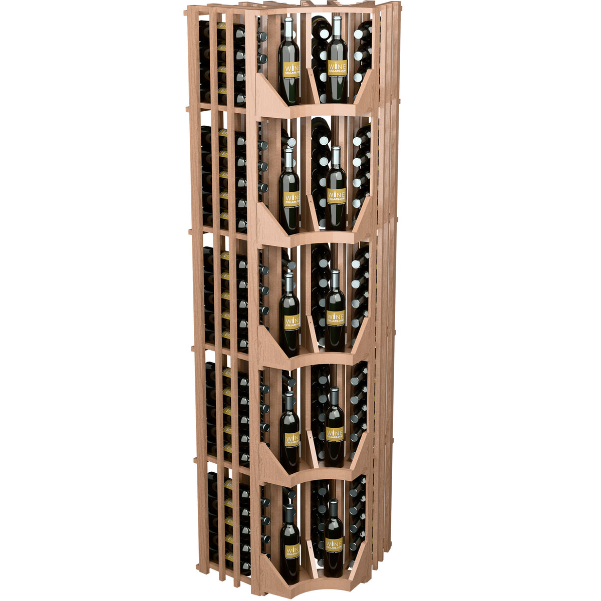 Curved corner wall wine display with tiered lattice shelves for rows of bottles