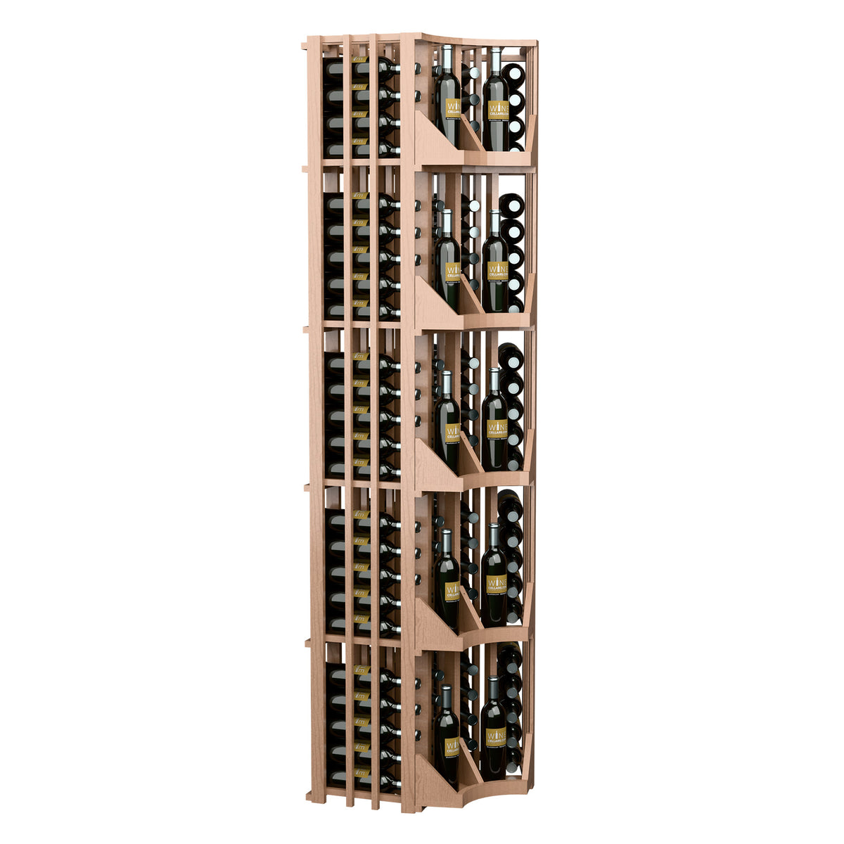 Light wood curved-corner wine rack, four columns, angled bottle shelves