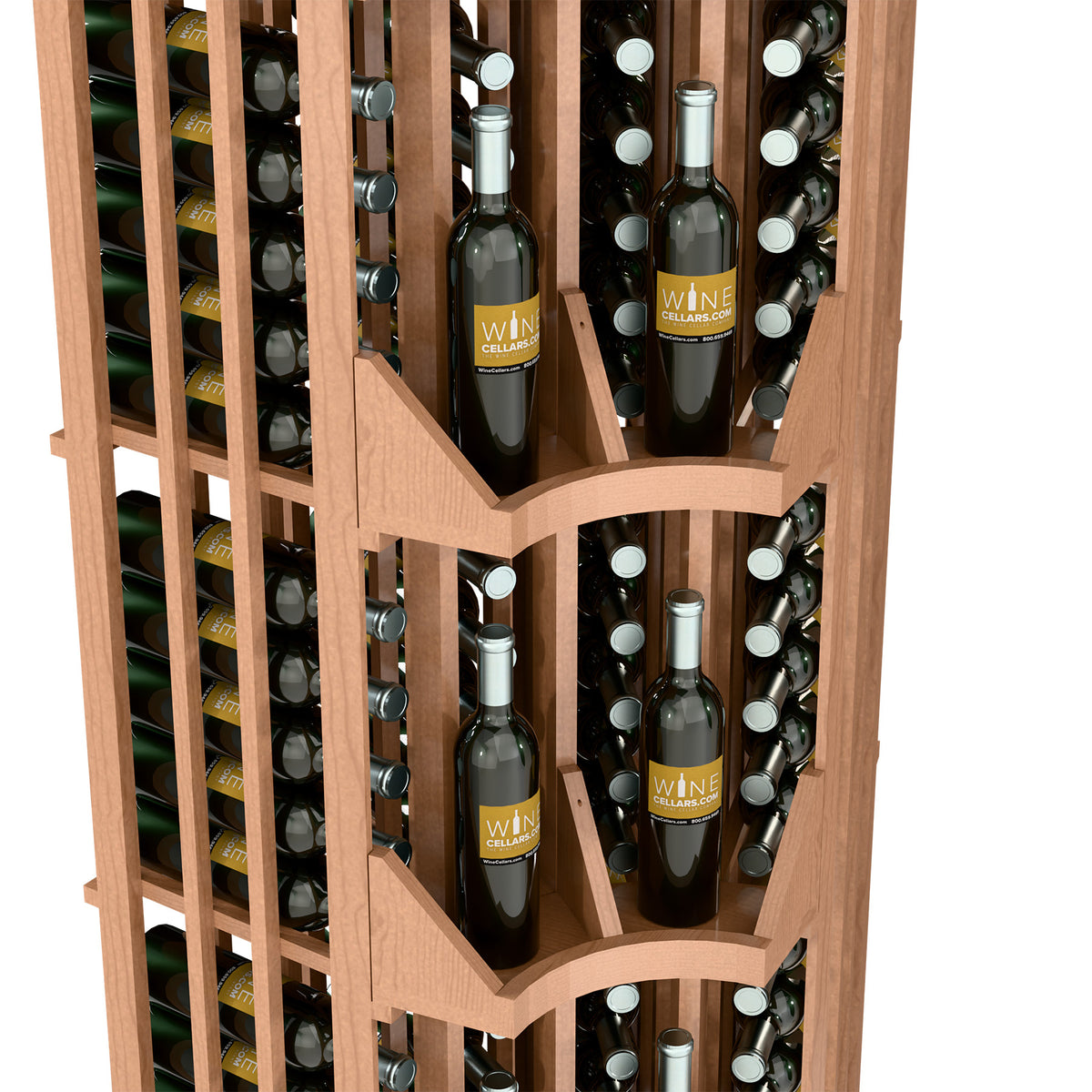 Light wood wine rack interior with bottle slots and angled dividers