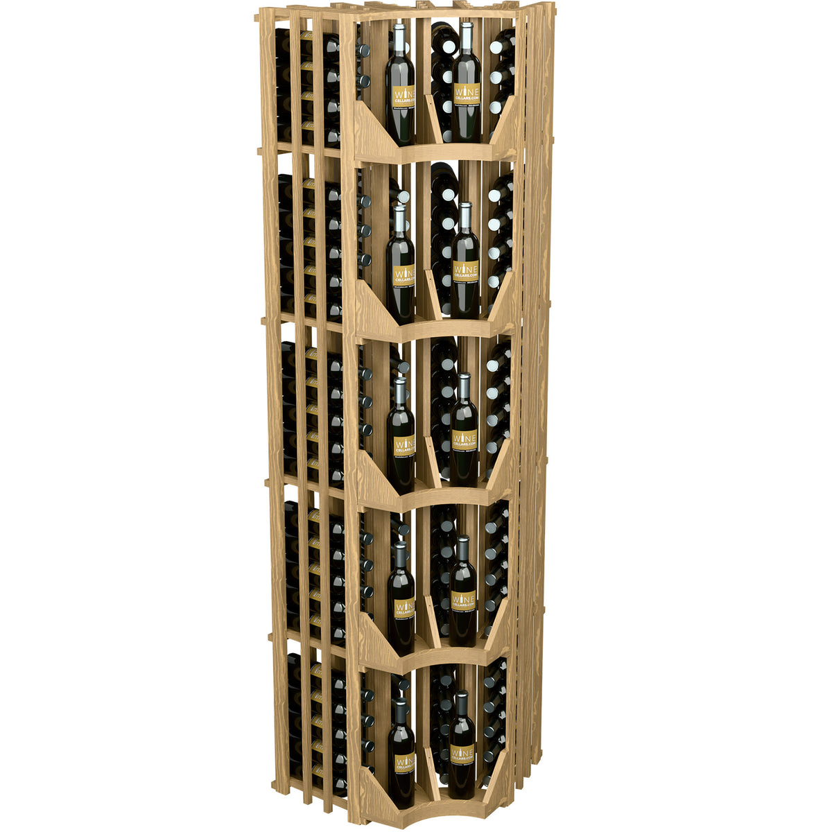 Light wood curved-corner wine rack with open lattice sides and bottle columns