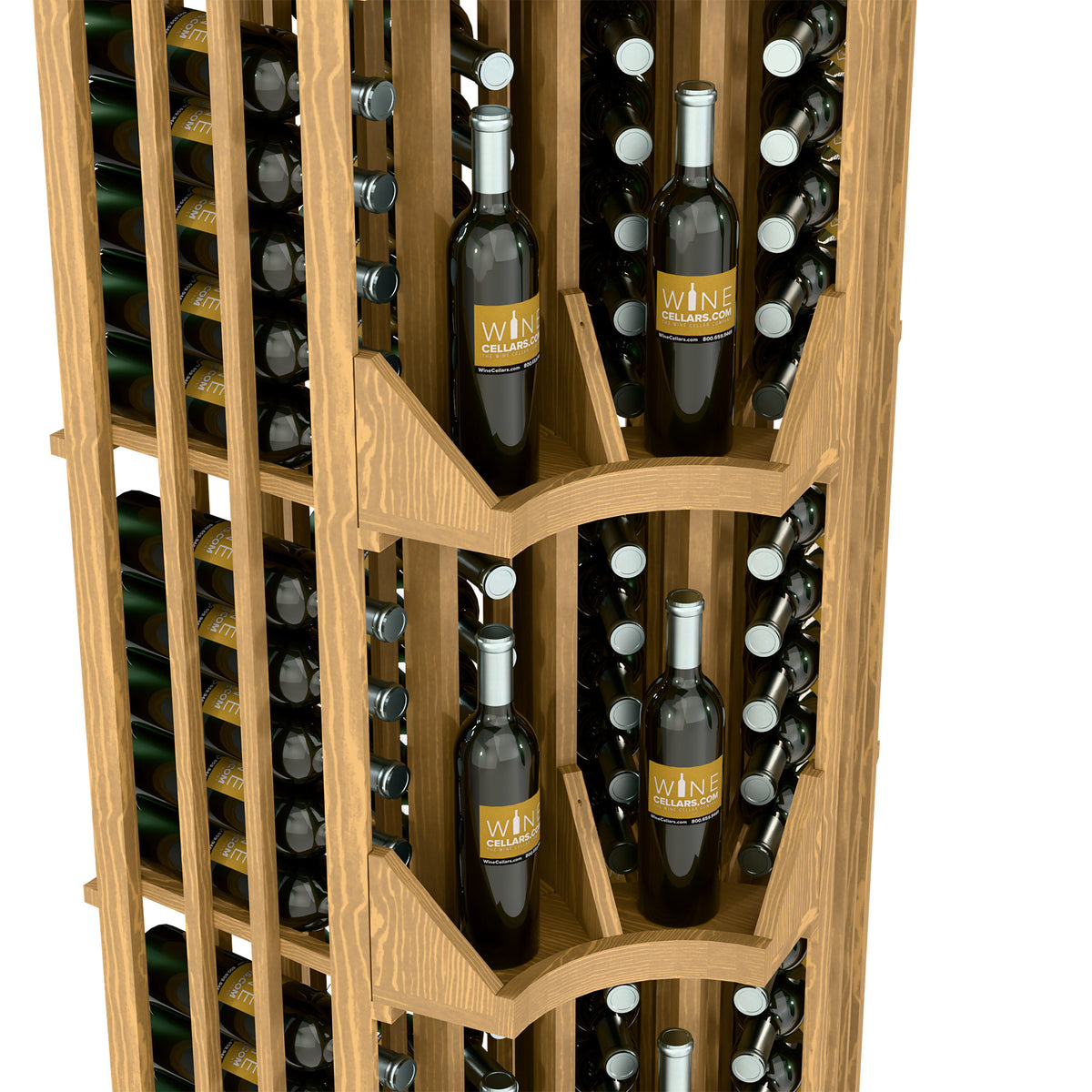 Light wood corner wine rack with slanted shelves and bottle openings