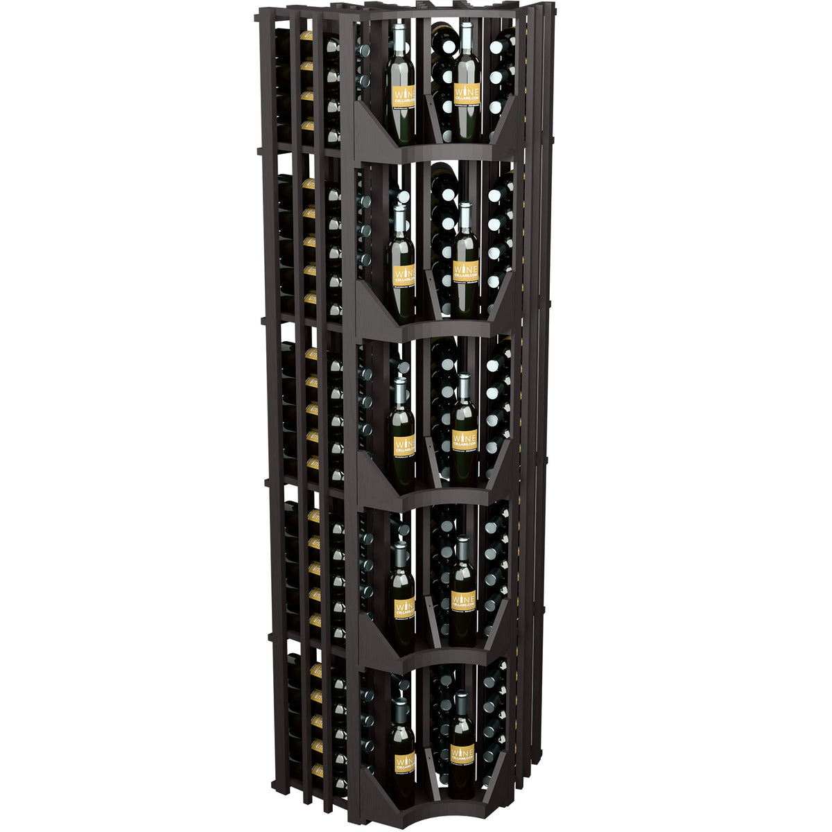 Black wine display rack with curved corner design and bottle columns