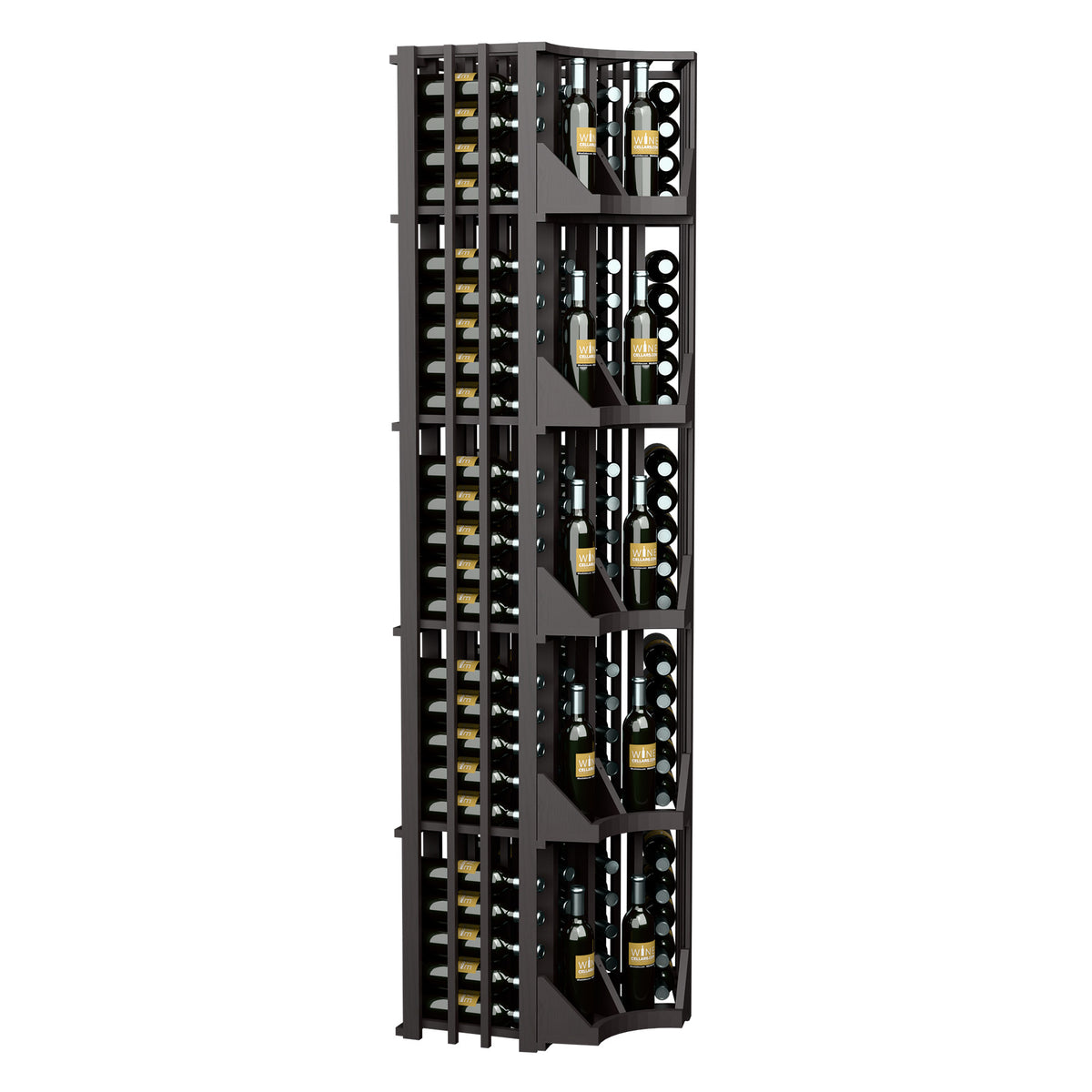 Black curved-corner wine rack with open lattice sides and angled shelves