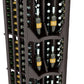 Dark wood 4-column curved corner wine display with bottle slots and divider shelves