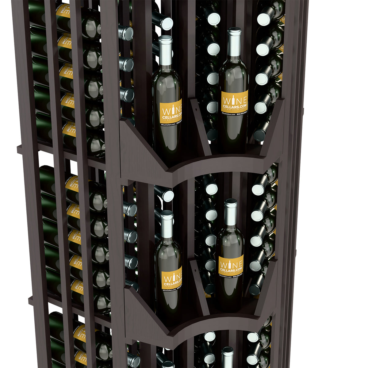 Dark wood 4-column curved corner wine display with bottle slots and divider shelves