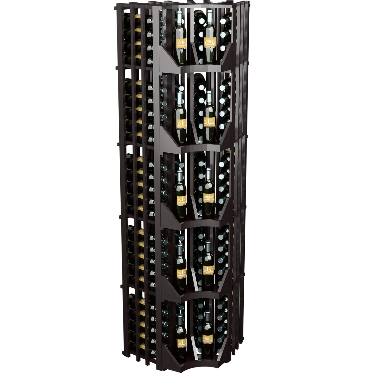 Dark wood 4-column curved corner wall wine display rack with bottle storage slots
