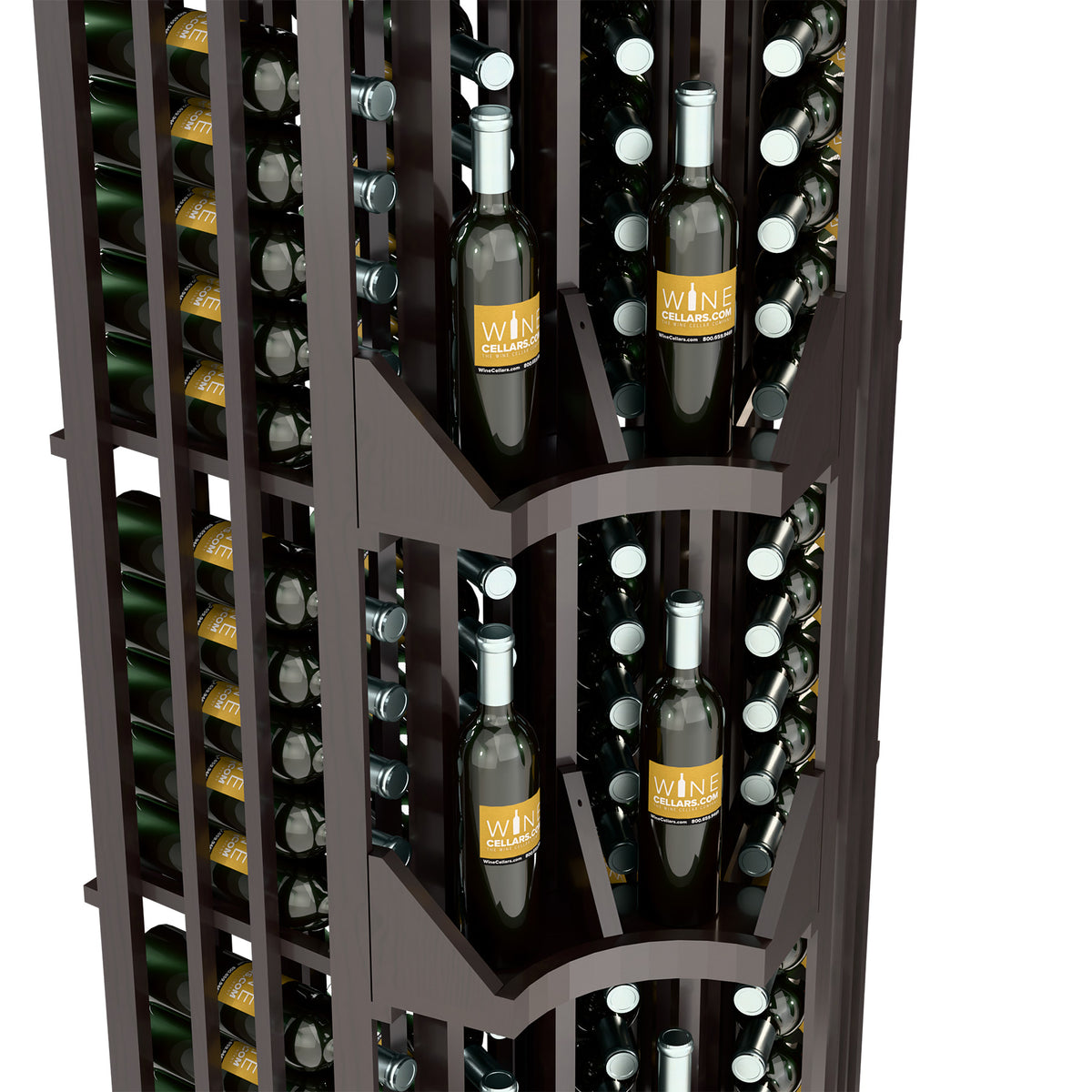 Dark wood 4-column curved corner wine display with visible bottle slots and shelves