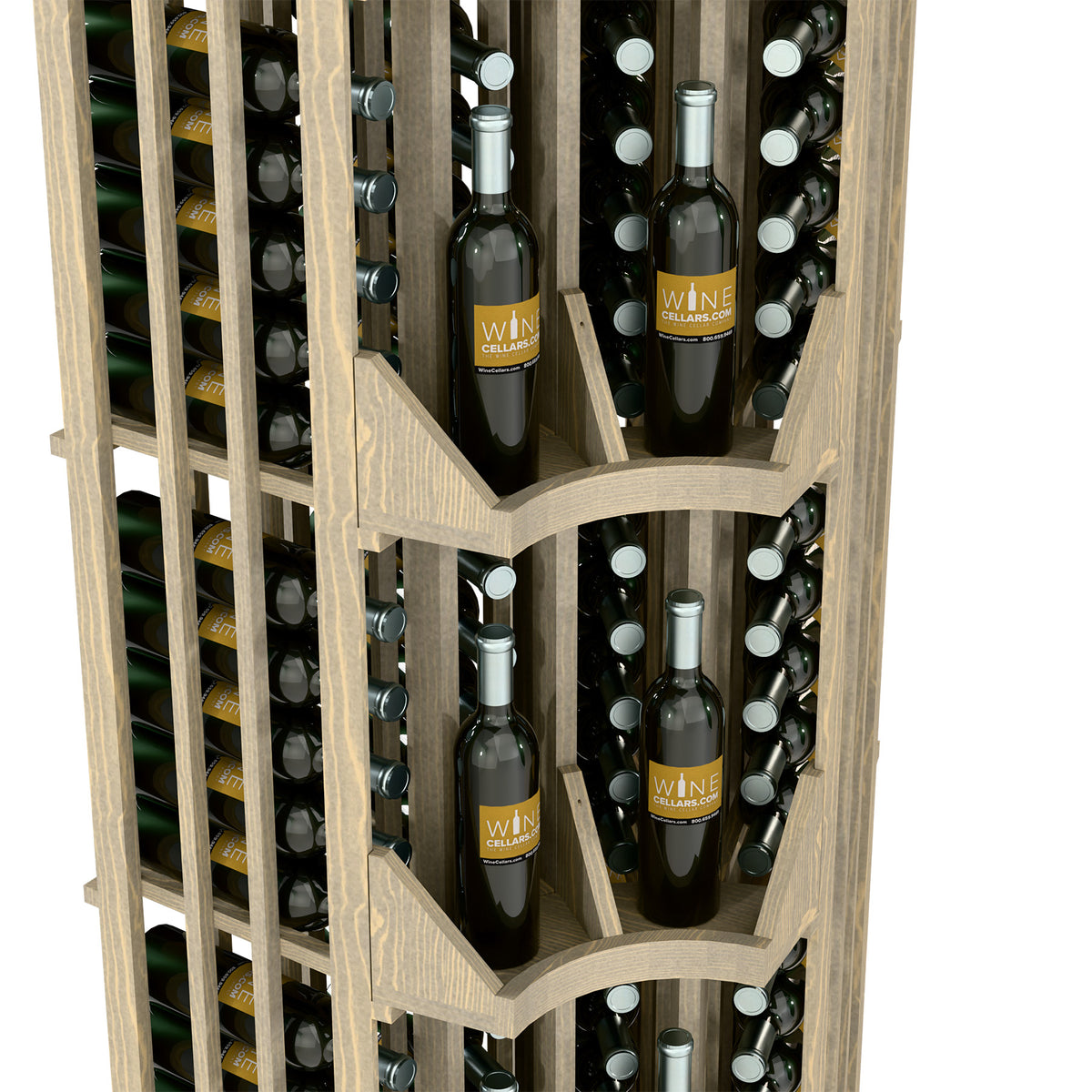 Light wood curved corner wall wine display with 4 columns and stacked bottle slots