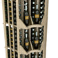 Light wood curved corner wine display showing bottle slots behind front slats
