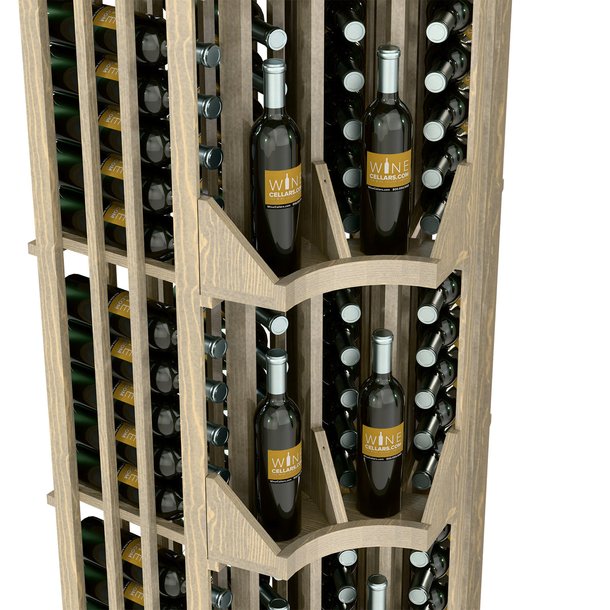 Light wood curved corner wine display showing bottle slots behind front slats