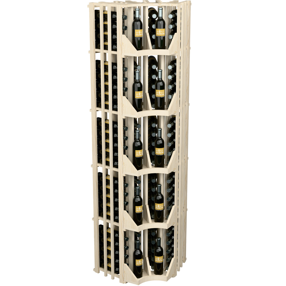 Light wood 4-column curved corner wine display with divider shelves and bottle slots