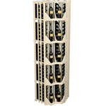 Light wood 4-column curved corner wine display with divider shelves and bottle slots