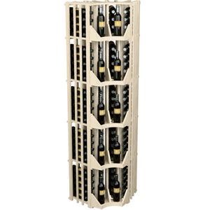 Light wood 4-column curved corner wine display with divider shelves and bottle slots