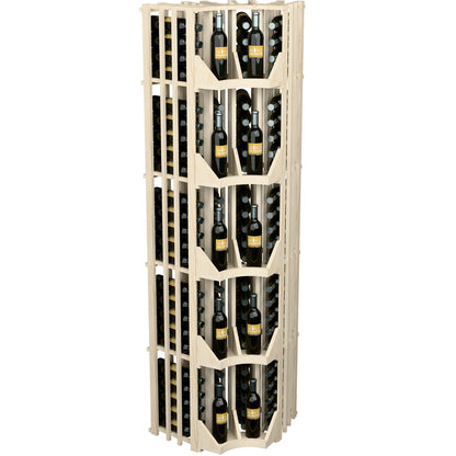 Light wood 4-column curved corner wine display with divider shelves and bottle slots