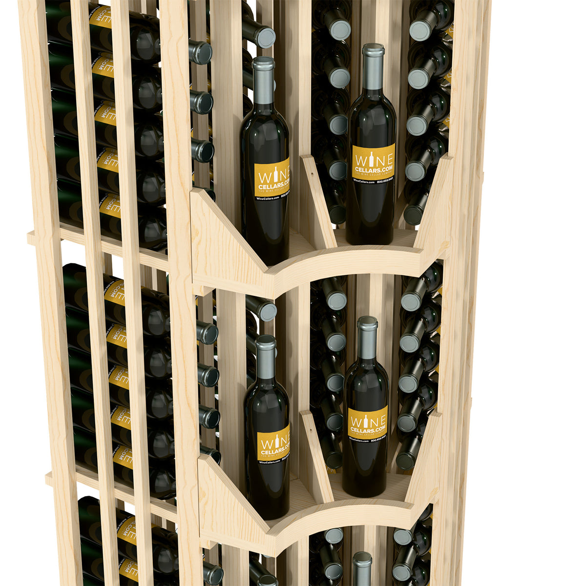 Light wood 4-column curved corner wine display close-up with bottle slots and dividers
