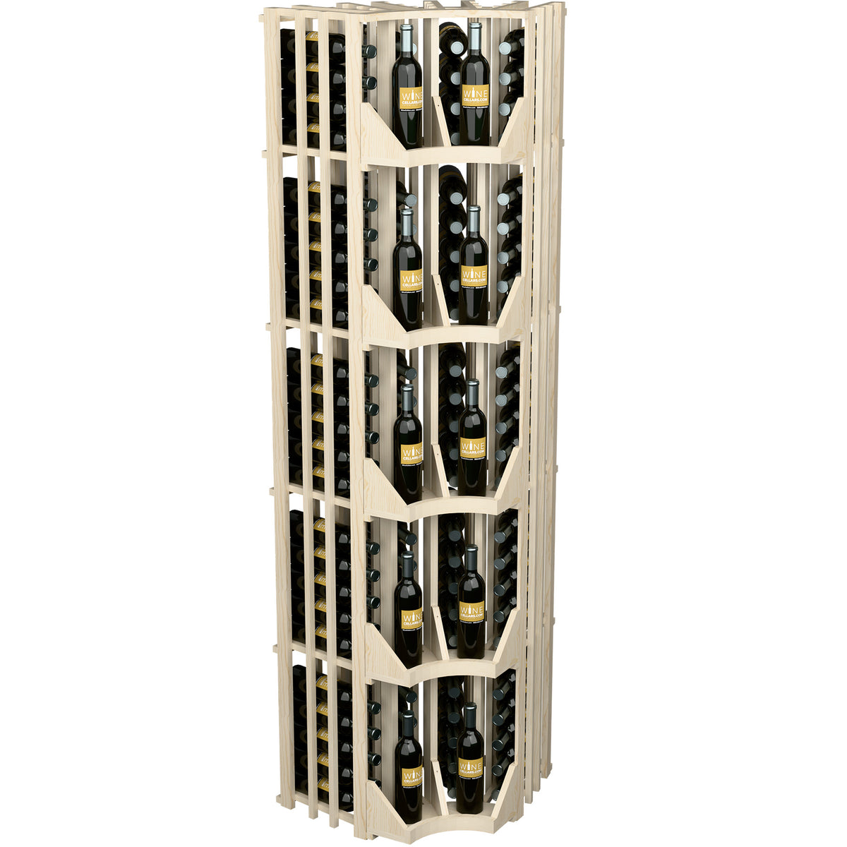 Light wood 4-column curved corner wine display with open bottle compartments and shelves