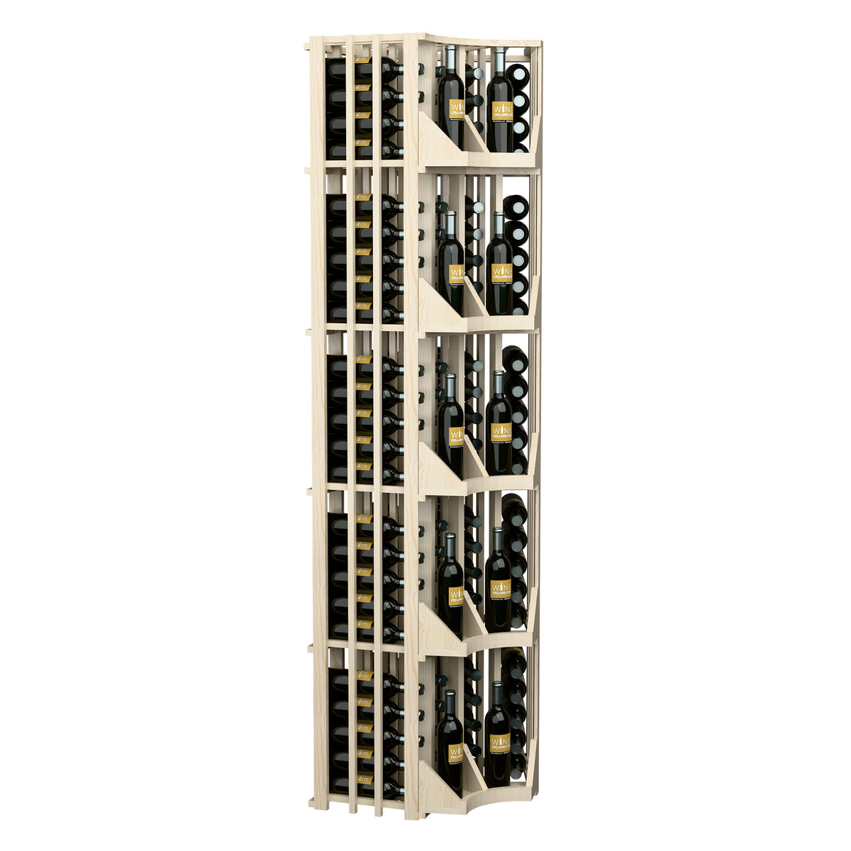 Natural wood 4-column curved corner wine wall display with front bottle slots
