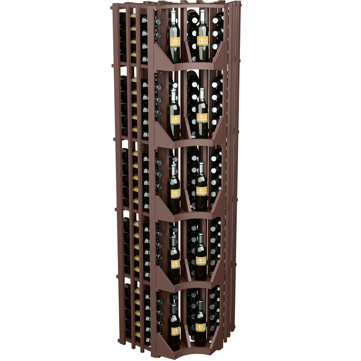 Dark brown 4-column curved corner wine wall display with open bottle racks