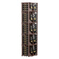 Dark brown curved corner wine display, full front view with four bottle columns