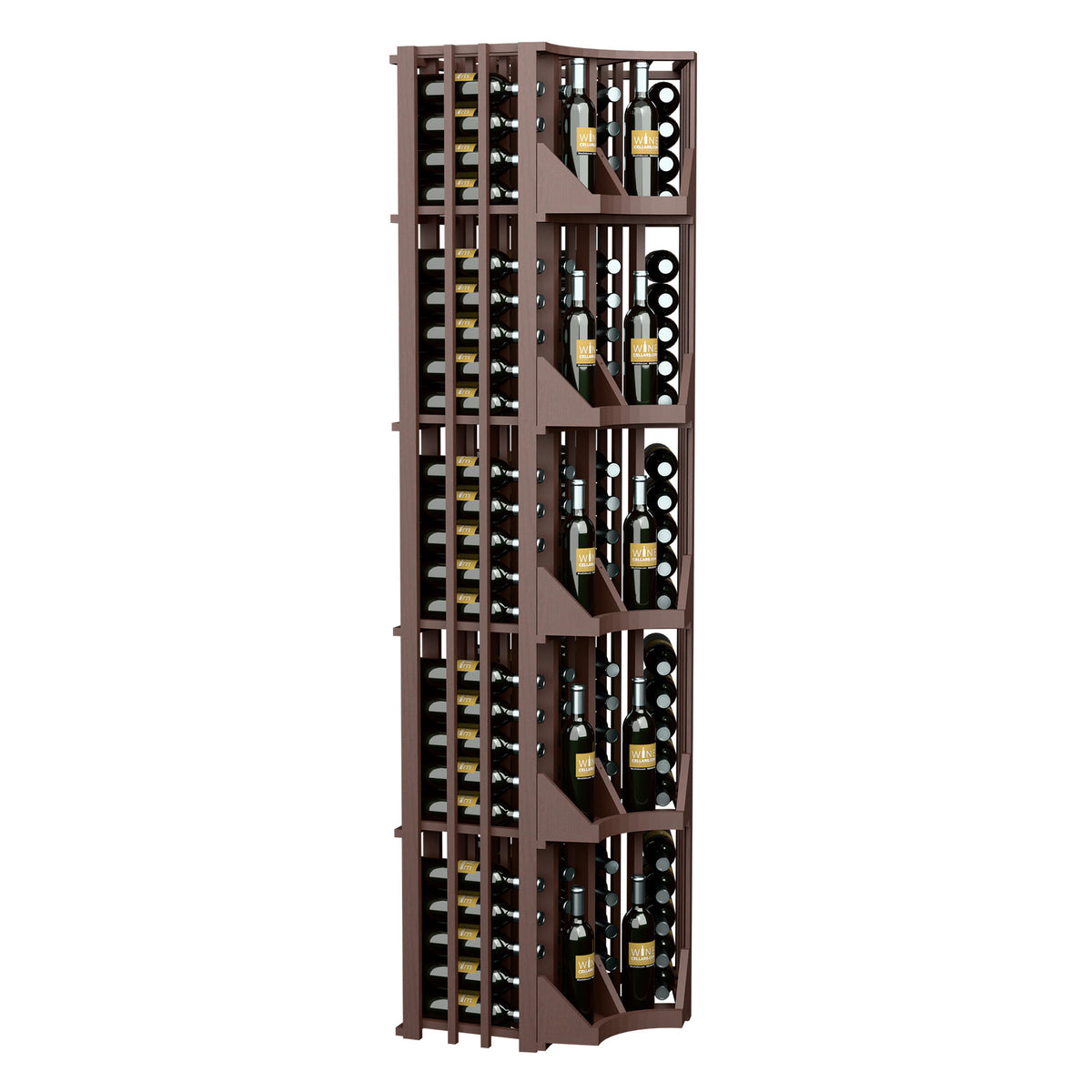 Dark brown curved corner wine display, full front view with four bottle columns